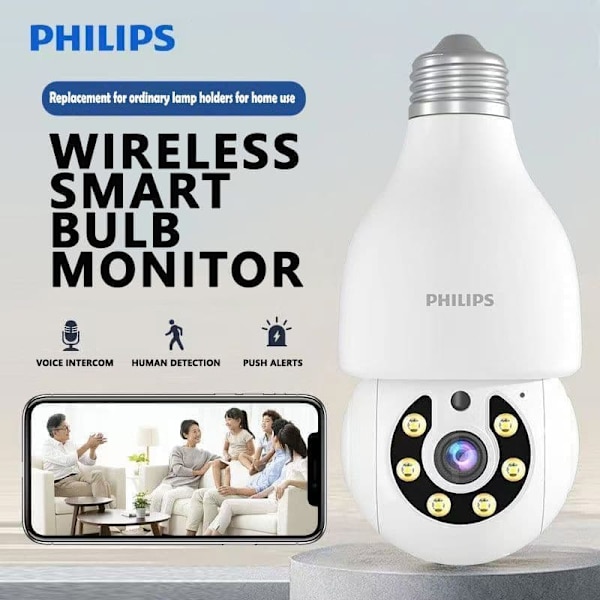 Philips Smart Bulb-kamera 5MP (TAI2440/93) – WiFi-opgraderet, 2K, tovejslyd, Cloud Storage AI Motion Detection Sikkerhedskamera til hjemmet