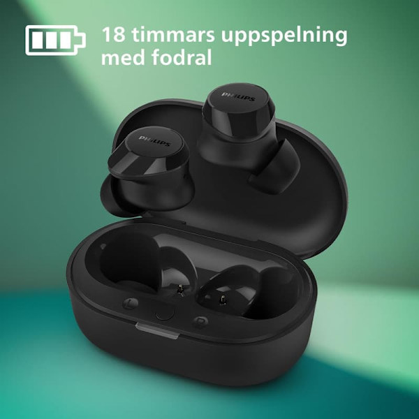 Philips TAT1209BK Äkta trådlösa In Ear Bluetooth-hörlurar Naturligt ljud med dynamisk bas, Tydliga samtal och laddfodral i fickformat - Svart (Black)
