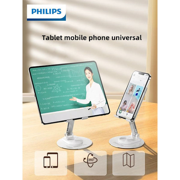 Philips DLK2311B/93 Mobilhållare för Bord | 360° Roterbar & Höjdjusterbar | Fällbart Aluminiumstativ för Surfplatta & Smartphone