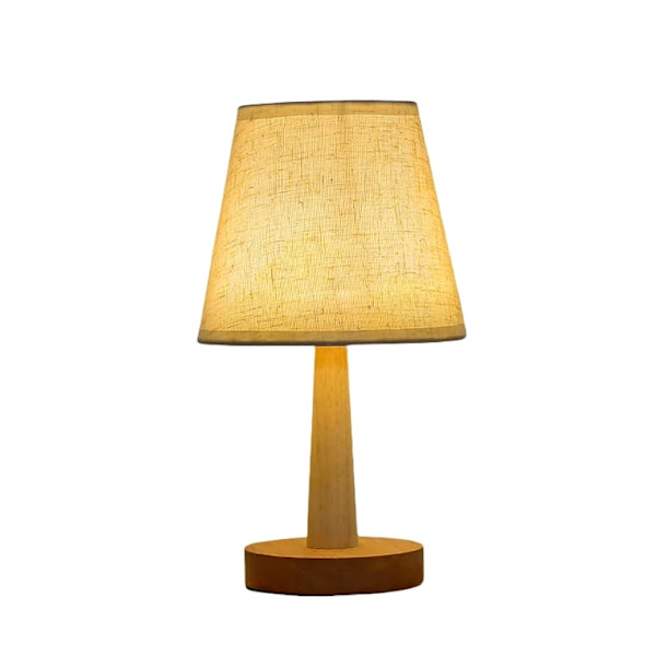 Enkel bordlampe i træ med lampeskærm i hør