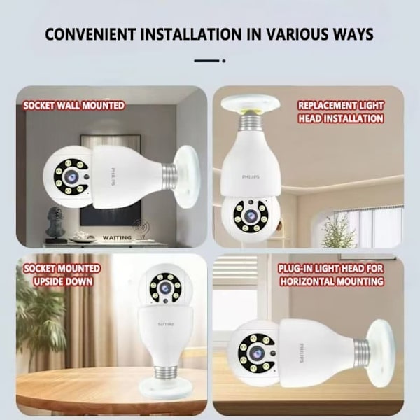 Philips Smart Bulb-kamera 5MP (TAI2440/93) – WiFi-opgraderet, 2K, tovejslyd, Cloud Storage AI Motion Detection Sikkerhedskamera til hjemmet