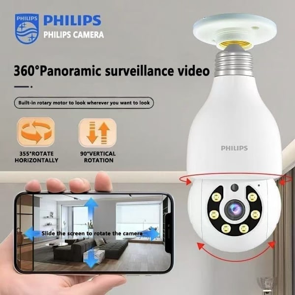 Philips Smart Bulb-kamera 5MP (TAI2440/93) – WiFi-opgraderet, 2K, tovejslyd, Cloud Storage AI Motion Detection Sikkerhedskamera til hjemmet