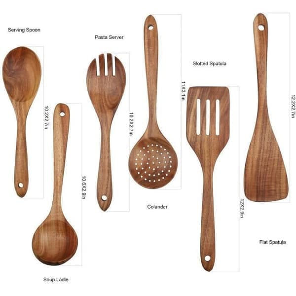 6-osainen tiikkikeittiövälinesetti tarttumattomille keittoastioille, puinen lasta, haarukka, lasta, kauha, lasta