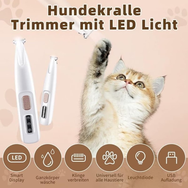 Hiljainen johdoton koirantrimmeri / tassutrimmeri LED-valolla, vedenpitävä, johdoton