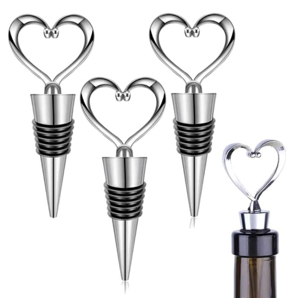 4-Pack Vinkork med Hjärta i Metall – Vinpropp Vinförslutare Silver