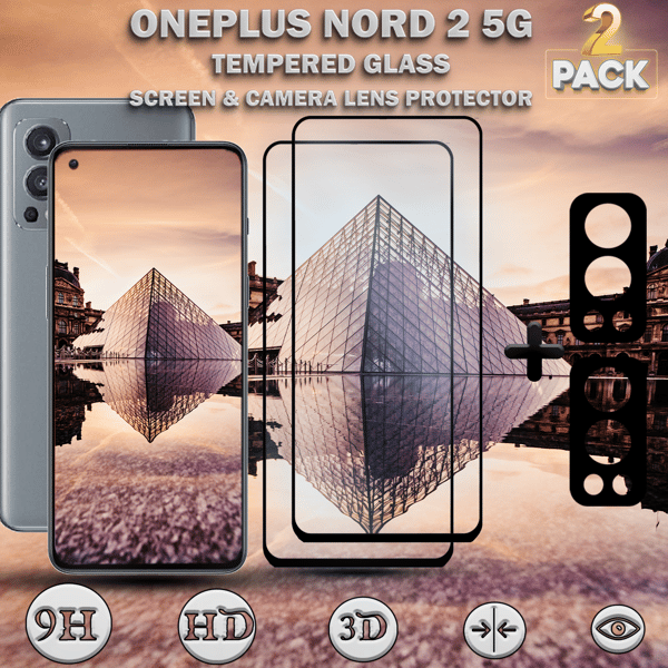 2-Pack OnePlus Nord 2 5G & 2-Pack linsskydd - Härdat Glas 9H - Super kvalitet 3D
