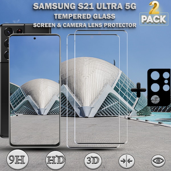 2-Pack SAMSUNG S21 ULTRA Näytönsuoja & 1-Pack linssinsuoja - Karkaistu Lasi 9H - Super laatu 3D