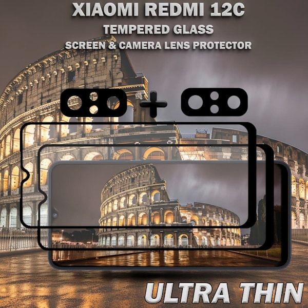 2-Pack Xiaomi Redmi 12C Skärmskydd & 2-Pack Linsskydd - Härdat Glas 9H - Super kvalitet 3D
