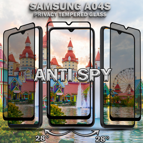 1-Pack Privacy Samsung A04S Skärmskydd & 1-Pack linsskydd - Härdat Glas 9H - Super kvalitet 3D