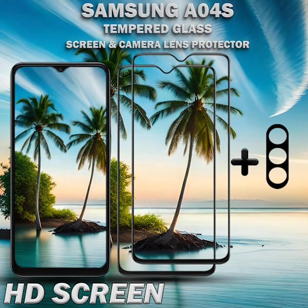 2-Pack SAMSUNG A04S Näytönsuoja & 1-Pack linssinsuoja - Karkaistu Lasi 9H - Super laatu 3D