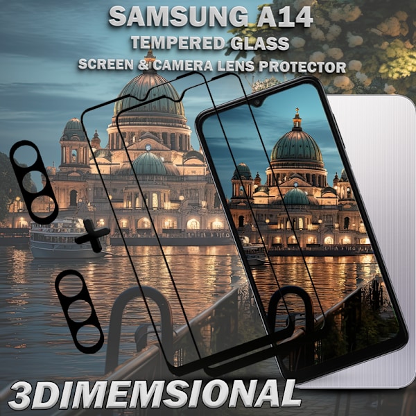 2-Pack SAMSUNG A14 Skærmbeskyttelse & 2-Pack linsebeskyttelse - Hærdet Glas 9H - Super kvalitet 3D