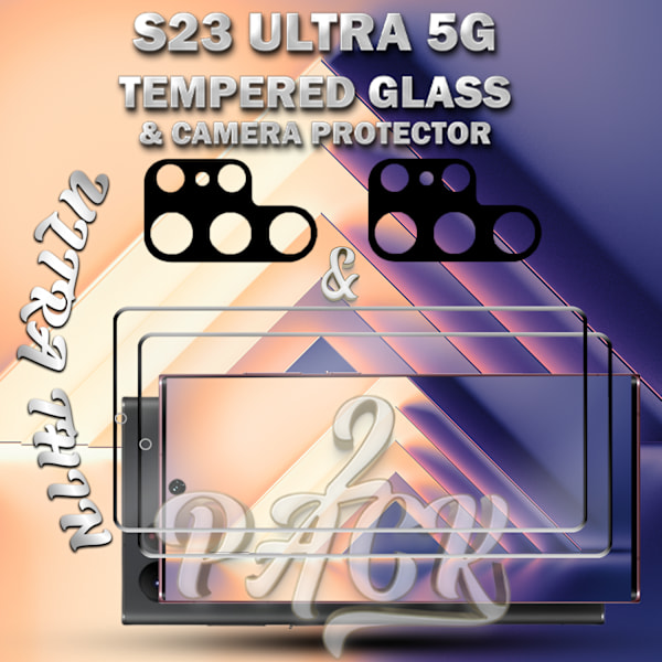 2-Pack SAMSUNG S23 ULTRA Skærmbeskyttelse & 2-Pack linsebeskyttelse - Hærdet Glas 9H - Super kvalitet 3D