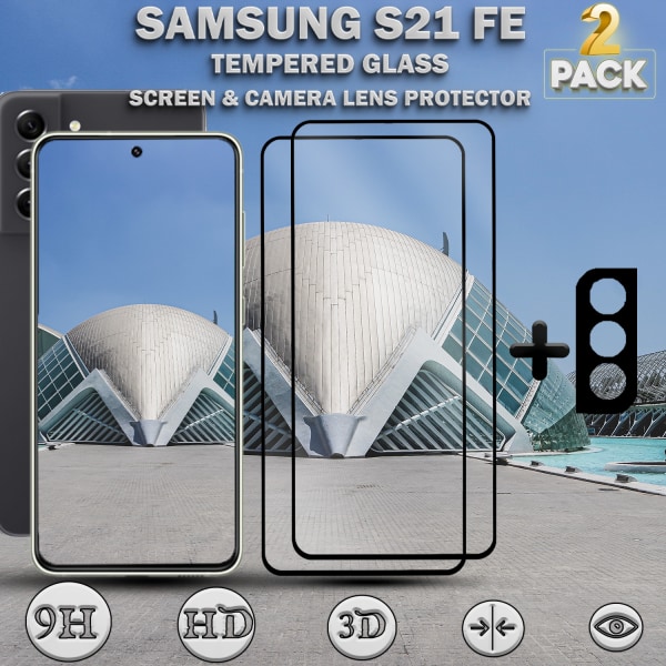 2-Pack Samsung S21 FE Skärmskydd & 1-Pack linsskydd - Härdat Glas 9H - Super kvalitet 3D