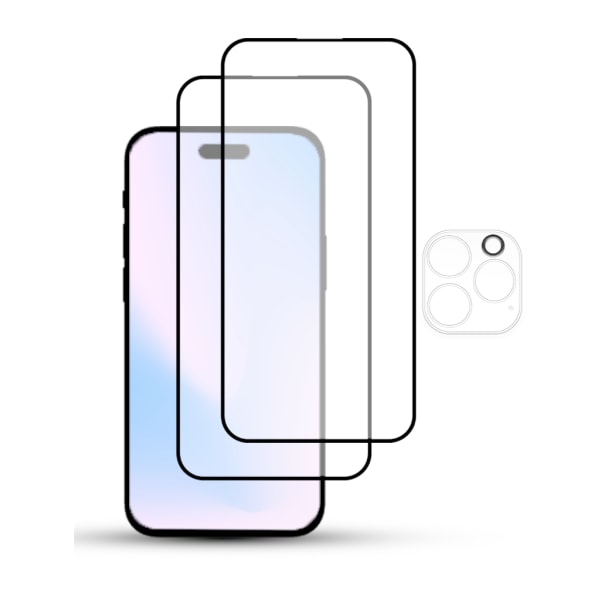 2-Pack IPHONE 15 PRO MAX SCREEN & 1 LENS Skärmskydd - Härdat Glas 9H - Super kvalitet 3D