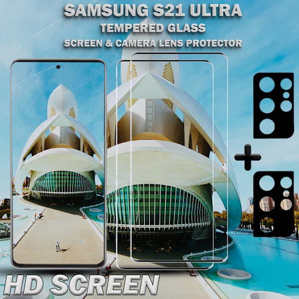 2-Pack SAMSUNG S21 ULTRA Skærmbeskyttelse & 2-Pack linsebeskyttelse - Hærdet Glas 9H - Super kvalitet 3D