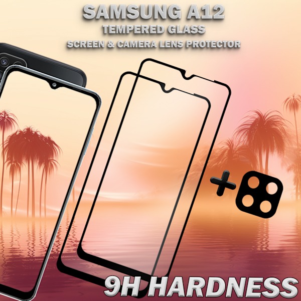 2-Pack Samsung A12 Skärmskydd & 1-Pack linsskydd - Härdat Glas 9H - Super kvalitet 3D