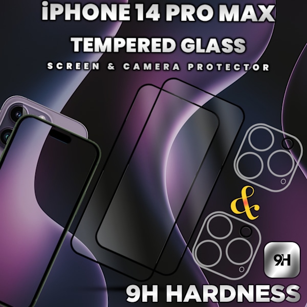 2-Pack iPhone 14 Pro Max-skärmskydd & 2-Pack linsskydd - 9H Glas