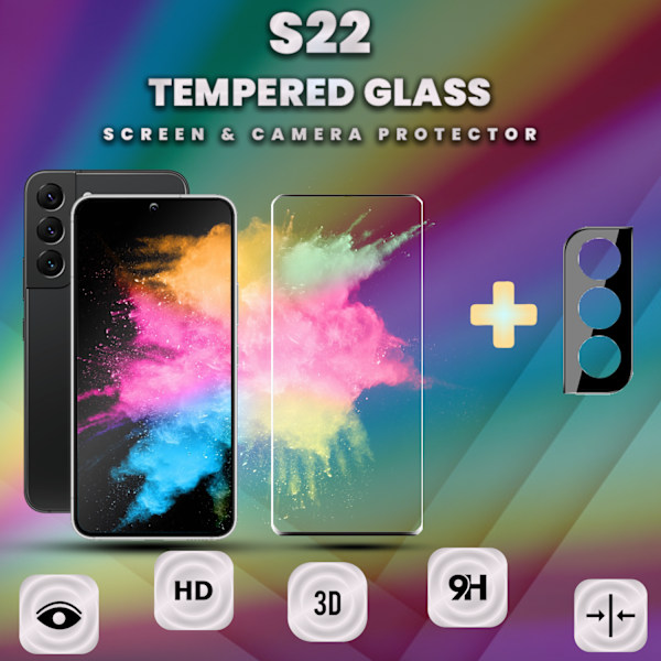 1-Pack SAMSUNG S22 Skærmbeskyttelse & 1-Pack linsebeskyttelse - Hærdet Glas 9H - Super kvalitet 3D