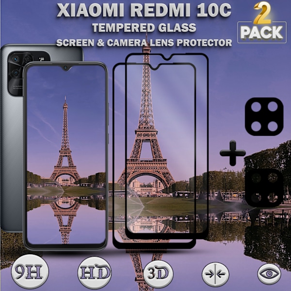 2-Pack Xiaomi Redmi 10C & 2-Pack linsskydd - Härdat Glas 9H - Super kvalitet 3D