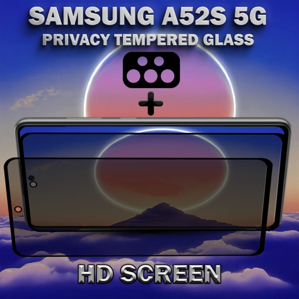 2-Pack Privacy Samsung A52S 5G Skärmskydd & 1-Pack linsskydd - Härdat Glas 9H - Super kvalitet 3D