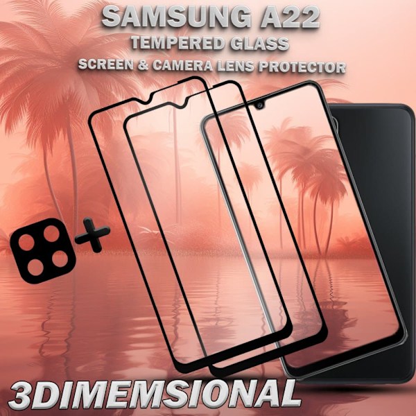 2-Pack SAMSUNG A22 Näytönsuoja & 1-Pack linssinsuoja - Karkaistu Lasi 9H - Super laatu 3D