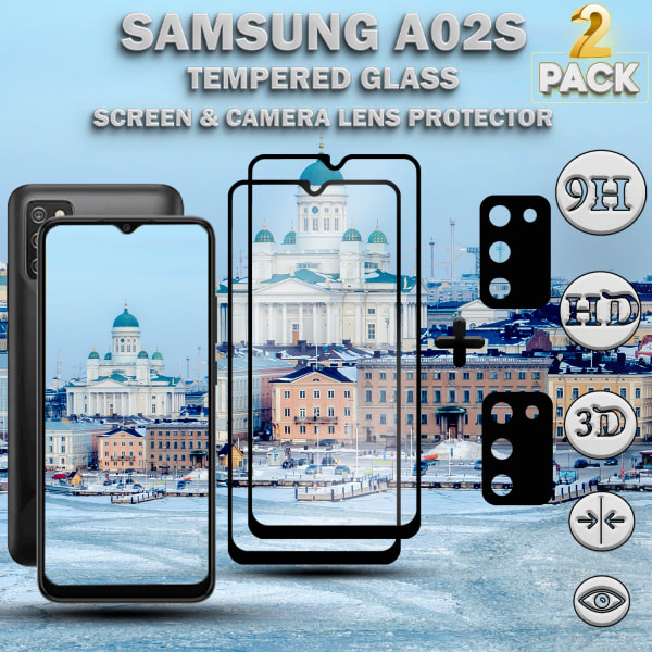 2-Pack Samsung A02s Skärmskydd & 2-Pack linsskydd - Härdat Glas 9H - Super kvalitet 3D