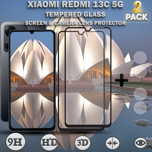 2-Pack XIAOMI REDMI 13C Skærmbeskyttelse & 2-Pack linsebeskyttelse - Hærdet Glas 9H - Super kvalitet 3D