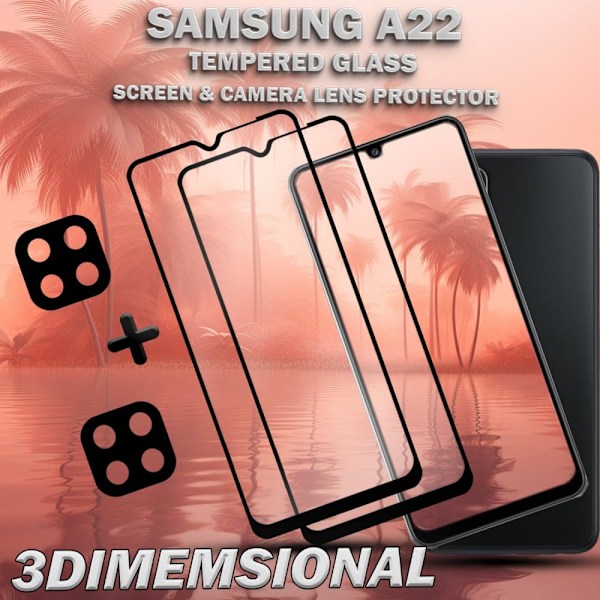 2-Pack SAMSUNG A22 Skærmbeskyttelse & 2-Pack linsebeskyttelse - Hærdet Glas 9H - Super kvalitet 3D