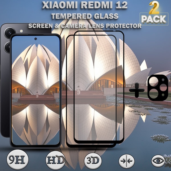 2-Pack XIAOMI REDMI 12 Skärmskydd & 1-Pack linsskydd - Härdat Glas 9H - Super kvalitet 3D