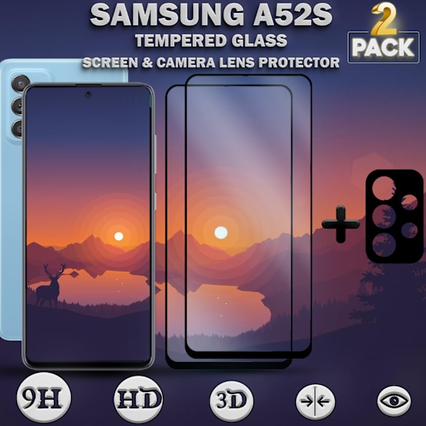 2-Pack SAMSUNG A52S Näytönsuoja & 1-Pack linssinsuoja - Karkaistu Lasi 9H - Super laatu 3D