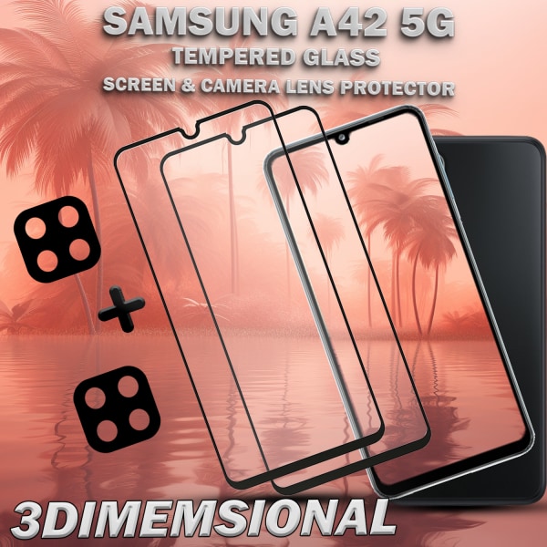 2-Pack Samsung A42 5G Skärmskydd & 2-Pack linsskydd - Härdat Glas 9H - Super kvalitet 3D