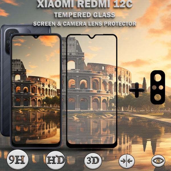 1-Pack XIAOMI REDMI 12C Skärmskydd & 1-Pack linsskydd - Härdat Glas 9H - Super kvalitet 3D