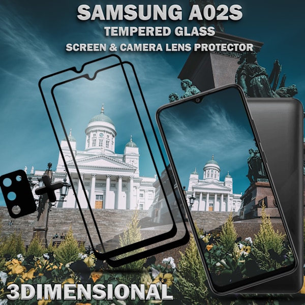 2-Pack Samsung A02s Skärmskydd & 1-Pack linsskydd - Härdat Glas 9H - Super kvalitet 3D