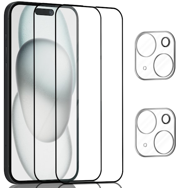 2-Pack Iphone 15 Plus Skärmskydd & 2-Pack linsskydd - Härdat Glas 9H - Super kvalitet 3D