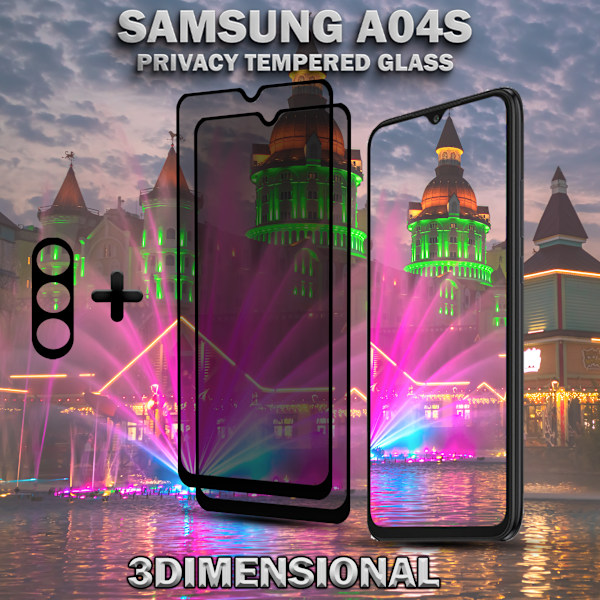 2-Pack Privacy Samsung A04S Skärmskydd & 1-Pack linsskydd - Härdat Glas 9H - Super kvalitet 3D