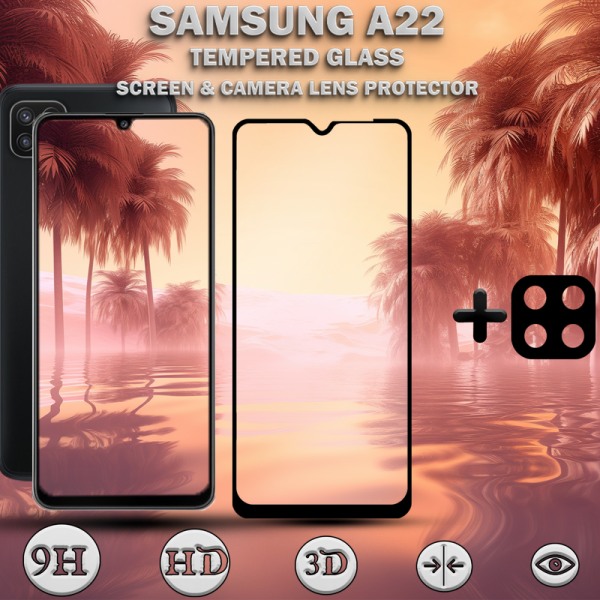 1-Pack Samsung A22 Skärmskydd & 1-Pack linsskydd - Härdat Glas 9H - Super kvalitet 3D