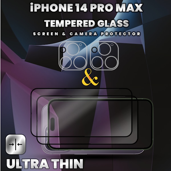 2-Pack iPhone 14 Pro Max-skärmskydd & 2-Pack linsskydd - 9H Glas