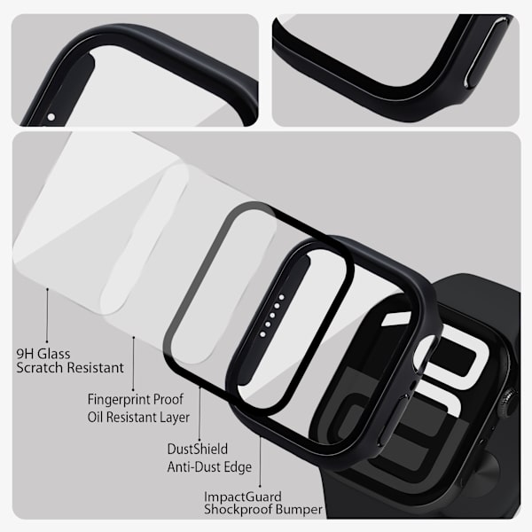 2-Pack Skyddsfodral med Inbyggt Skärmskydd för Apple Watch 41 mm storlek – Heltäckande Skydd med Härdat Glas, Enkel Installation (Svart)
