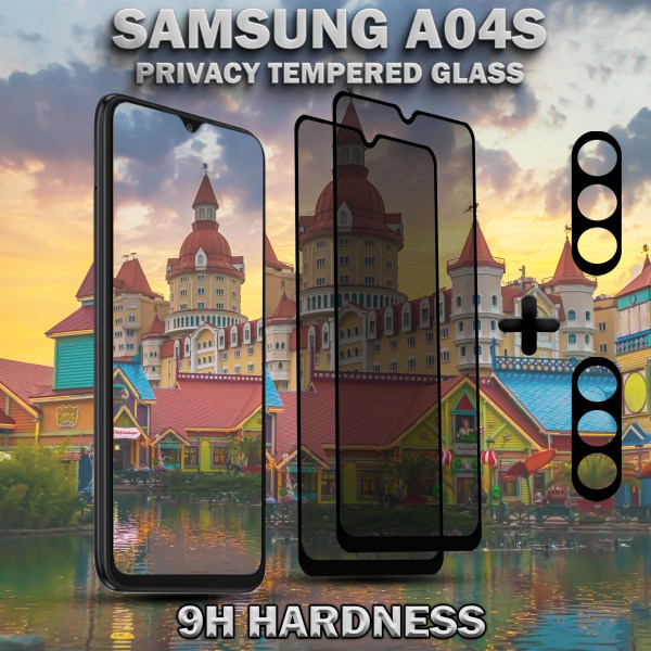 2-Pack Privacy Samsung A04S Skärmskydd & 2-Pack linsskydd - Härdat Glas 9H - Super kvalitet 3D