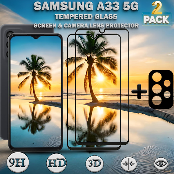 2-Pack Samsung A33 (5G) Skärmskydd & 1-Pack linsskydd - Härdat Glas 9H - Super kvalitet 3D