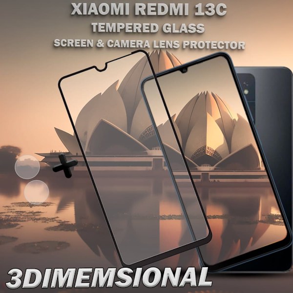 1-Pack XIAOMI REDMI 13C Skærmbeskyttelse & 1-Pack linsebeskyttelse - Hærdet Glas 9H - Super kvalitet 3D