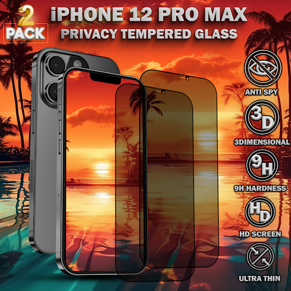 2-Pack Privacy Skärmskydd For iPhone 12 Pro Max - Härdat Glas 9H - Super Kvalitet 3D