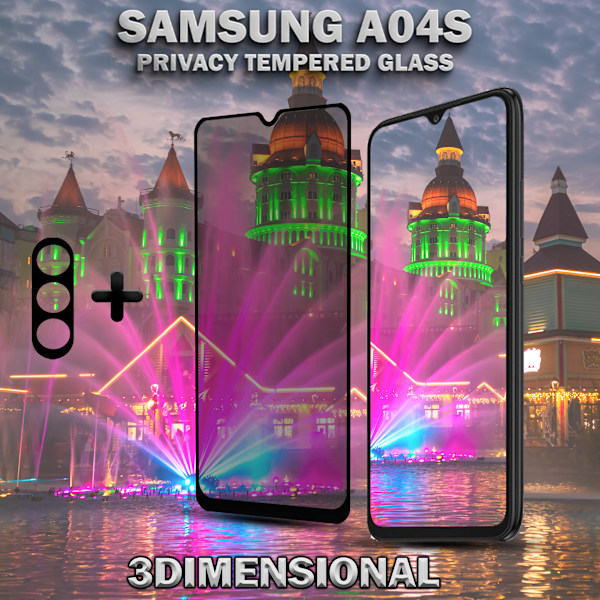 1-Pack Privacy Samsung A04S Skärmskydd & 1-Pack linsskydd - Härdat Glas 9H - Super kvalitet 3D