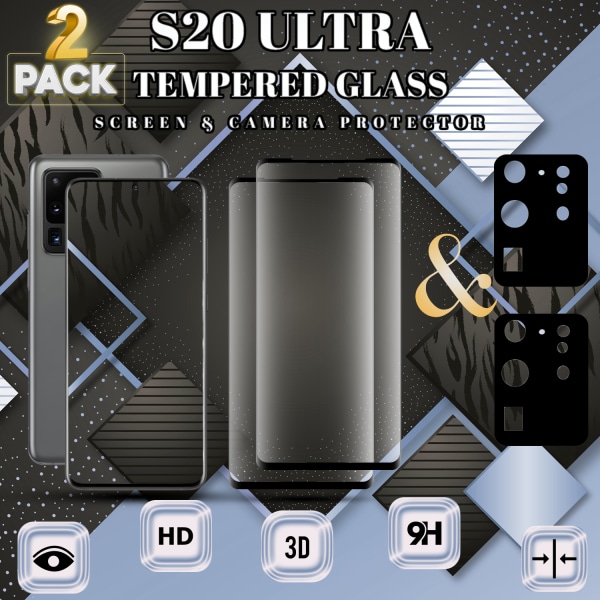 2-Pack Samsung S20 Ultra Skärmskydd & 2-Pack linsskydd - Härdat Glas 9H - Super kvalitet 3D