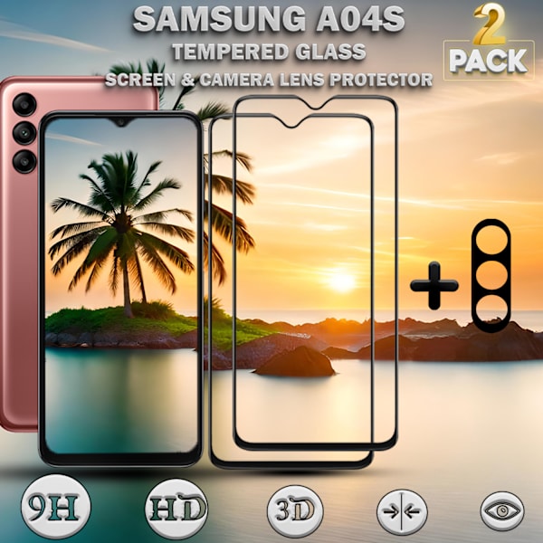 2-Pack SAMSUNG A04S Näytönsuoja & 1-Pack linssinsuoja - Karkaistu Lasi 9H - Super laatu 3D