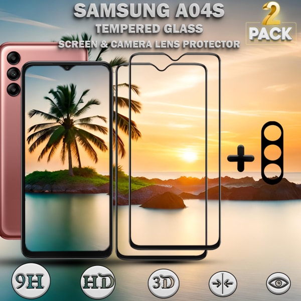 2-Pack Samsung A04s Skärmskydd & 1-Pack linsskydd - Härdat Glas 9H - Super kvalitet 3D