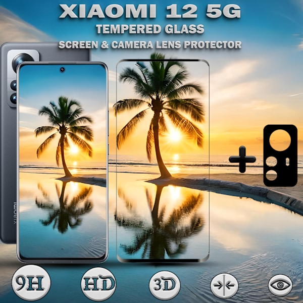 1-Pack Xiaomi 12 (5G) Skärmskydd & 1-Pack linsskydd - Härdat Glas 9H - Super kvalitet 3D