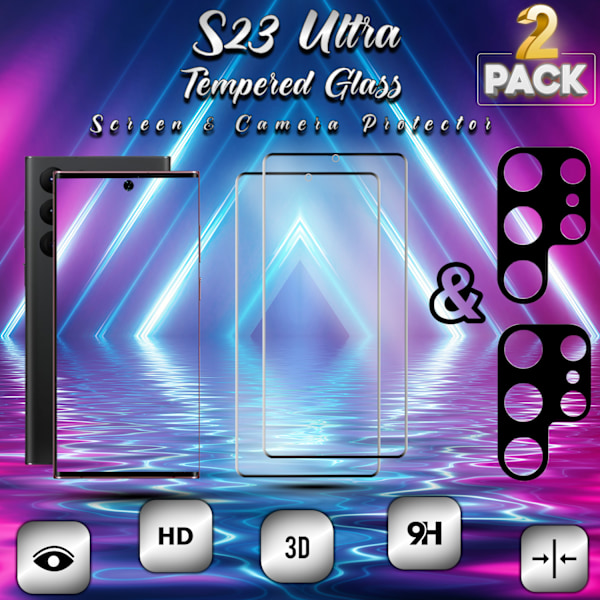2-Pack SAMSUNG S23 ULTRA Skærmbeskyttelse & 2-Pack linsebeskyttelse - Hærdet Glas 9H - Super kvalitet 3D