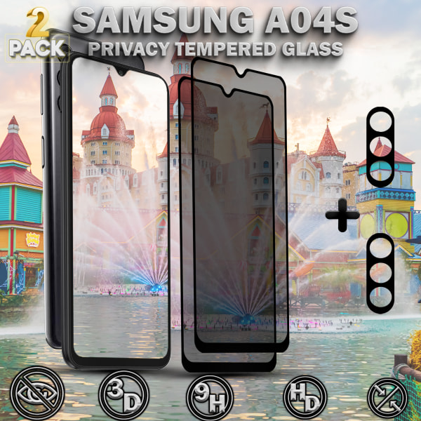 2-Pack Privacy Samsung A04S Skärmskydd & 2-Pack linsskydd - Härdat Glas 9H - Super kvalitet 3D