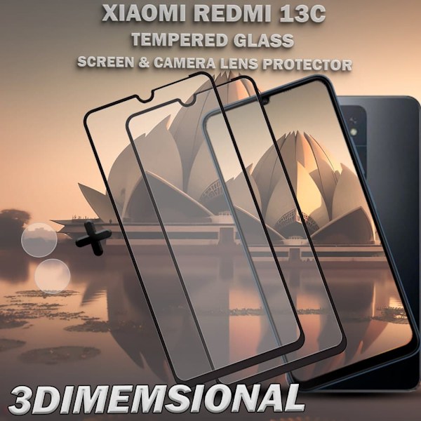 2-Pack XIAOMI REDMI 13C Skærmbeskyttelse & 1-Pack linsebeskyttelse - Hærdet Glas 9H - Super kvalitet 3D